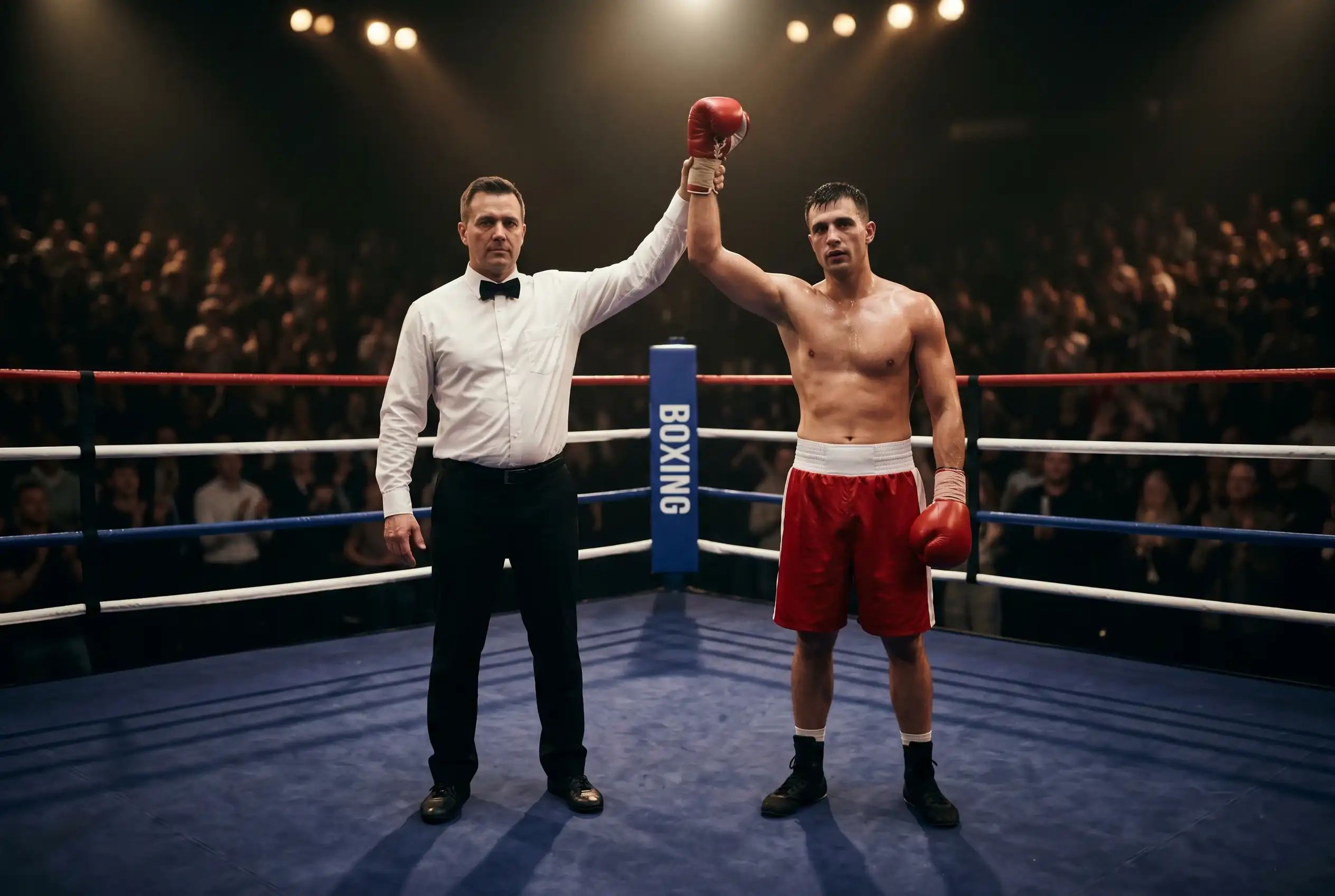 Arbitro alza il braccio del pugile vincitore al centro di un ring professionistico dopo la decisione finale